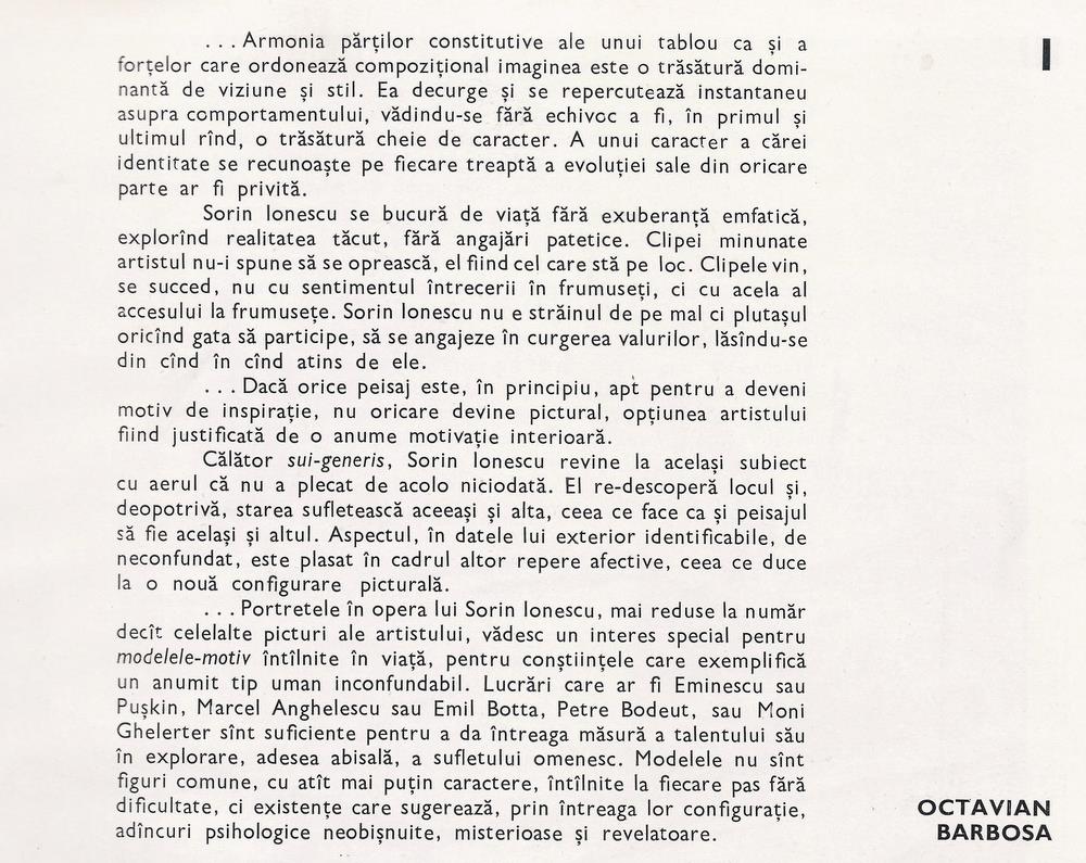 Octavian Barbosa despre Sorin IONESCU in albumul Expozitie retrospectiva de pictura, UAPR Bucuresti 1991
