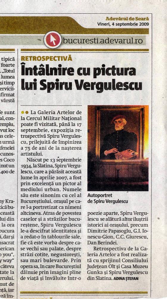 articolul "Intalnire cu pictura lui Spiru Vergulescu" de Adina Stefan in "Adevarul de seara" din 04.09.2009