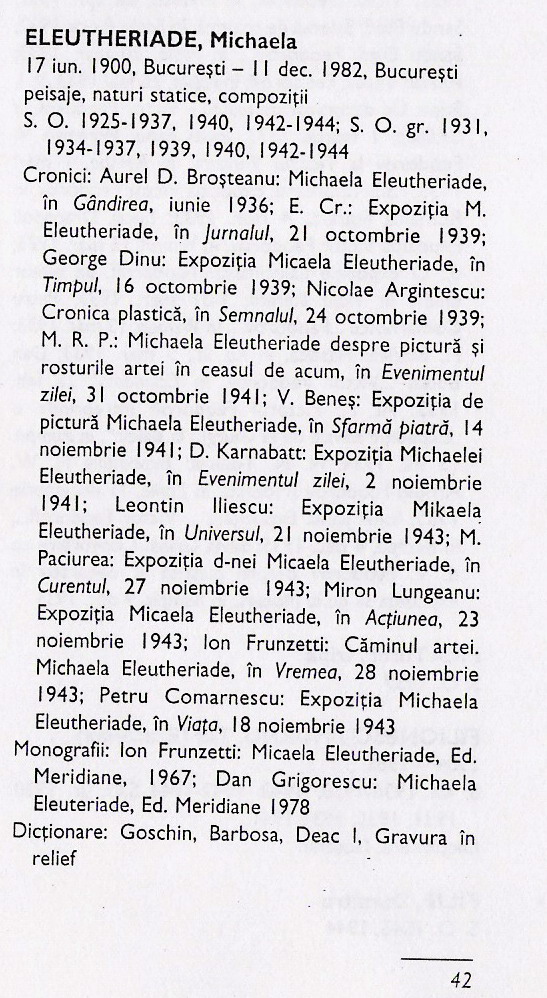 ELEUTHERIADE MICAELA - facsimil Expozanti la Saloanele Oficiale de pictura, sculptura, grafica 1924-1944, Petre Oprea
