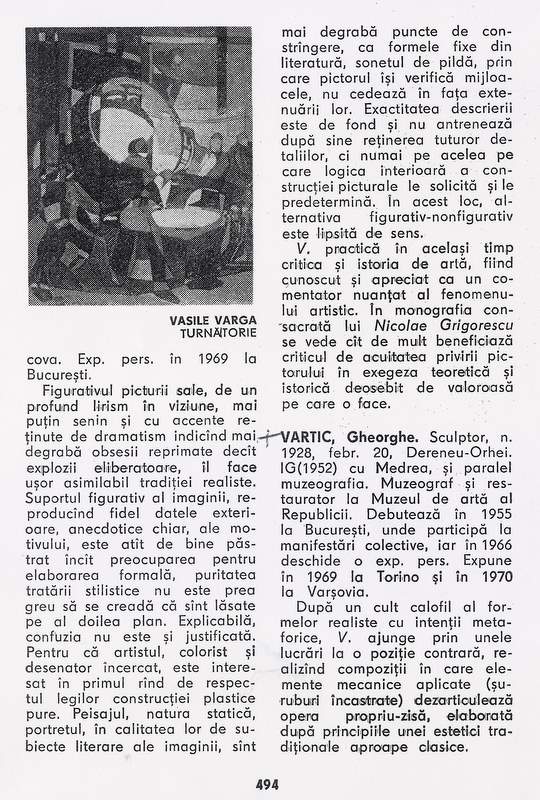 Vasile VARGA - facsimil din Octavian Barbosa - Dictionarul artistilor romani contemporani - Ed.Meridiane, 1976, pag.494