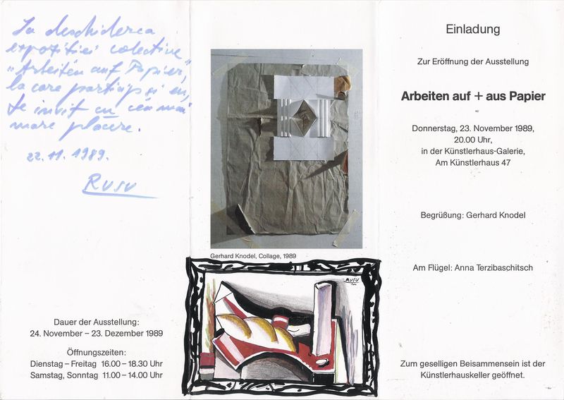 Invitatie la expozitia din 1989 in Karlsruhe, cu o grafica originala de Liviu Rusu 