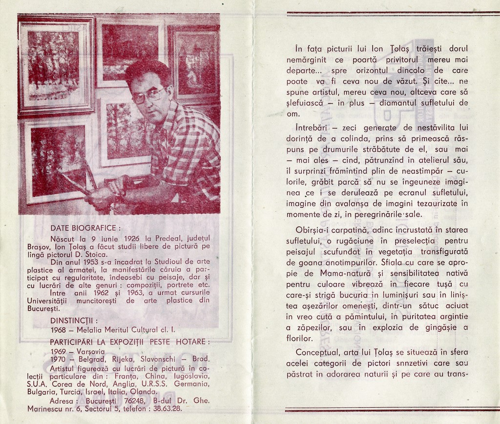 Ion ŢOLAŞ - CV in pliantul expozitiei din 1989