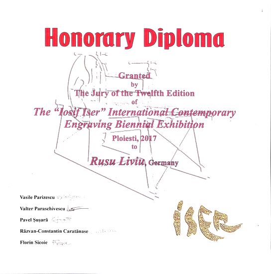 Diploma de Onoare pentru Liviu RUSU la Bienala Internationala de Gravura Contemporana "Iosif Iser" Editia a XII-a,