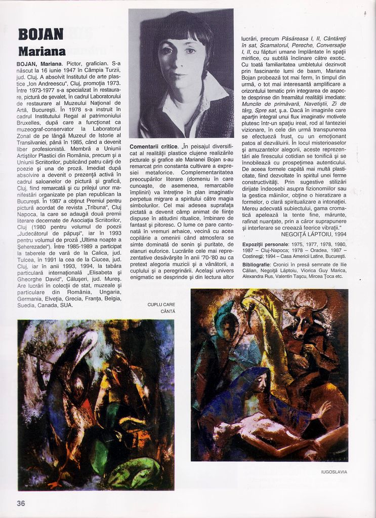 Mariana BOJAN in Enciclopedia artistilor romani contemporani vol I, Editura ARC 2000, Bucuresti, 1996 pag.36