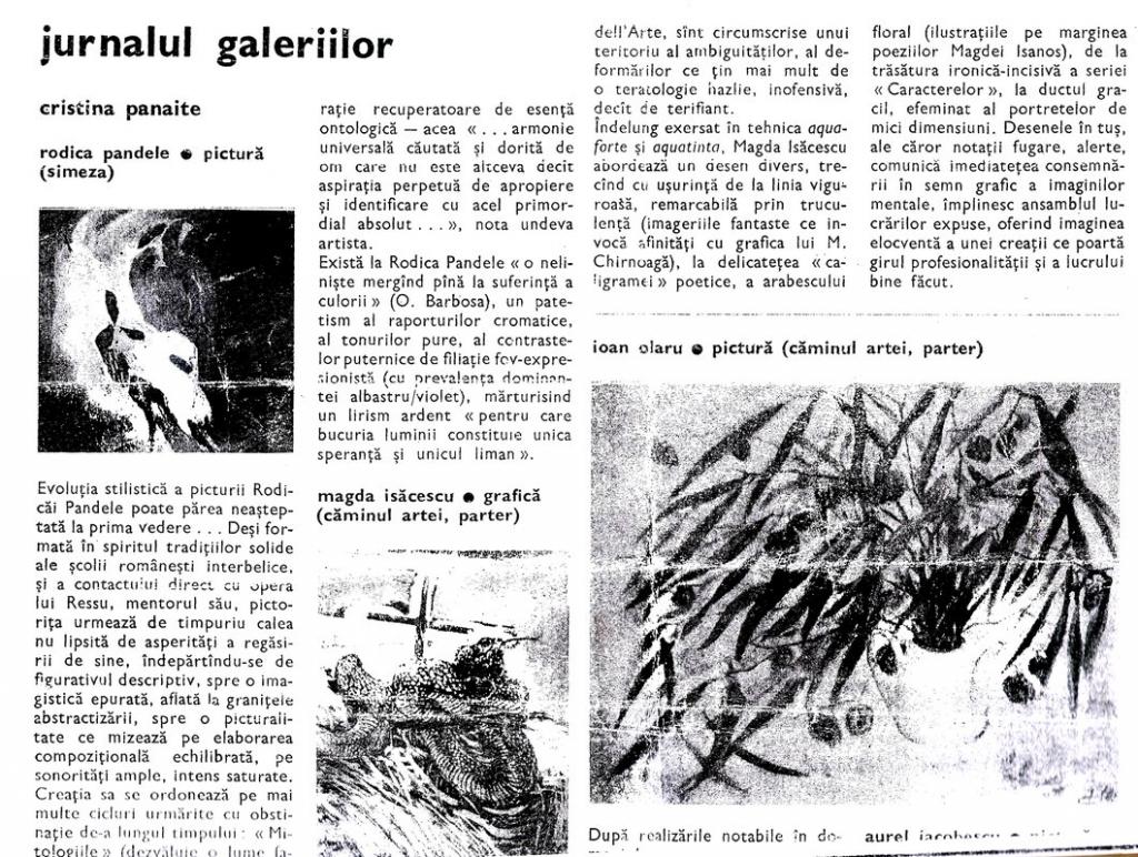 Magda ISACESCU - Cronica plastica a primei expozitii personale in Revista ARTA nr. 6, 7, 8 din 1990