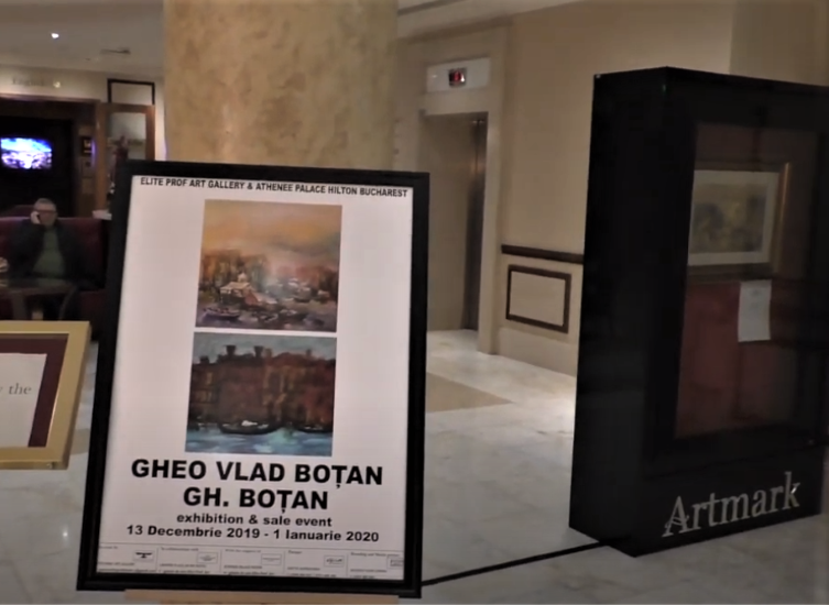 Imagine cu afisul expozitiei Gh BOȚAN & Gheo Vlad BOȚAN de la Athenee Palace Hilton din decembrie 2019