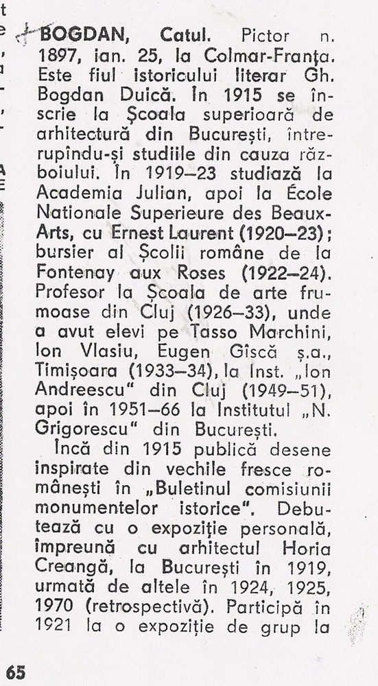 BOGDAN Catul - facsimil Octavian Barbosa - Dictionarul artistilor plastici contemporani - Ed.Meridiane, 1976, pag.65