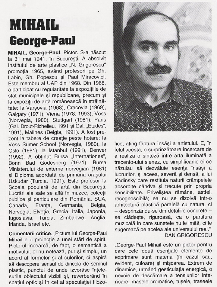 MIHAIL GEORGE PAUL - facsimil din Enciclopedia artistilor romani contemporani - Ed.ARC 2000 - 1999 vol. I pag.128