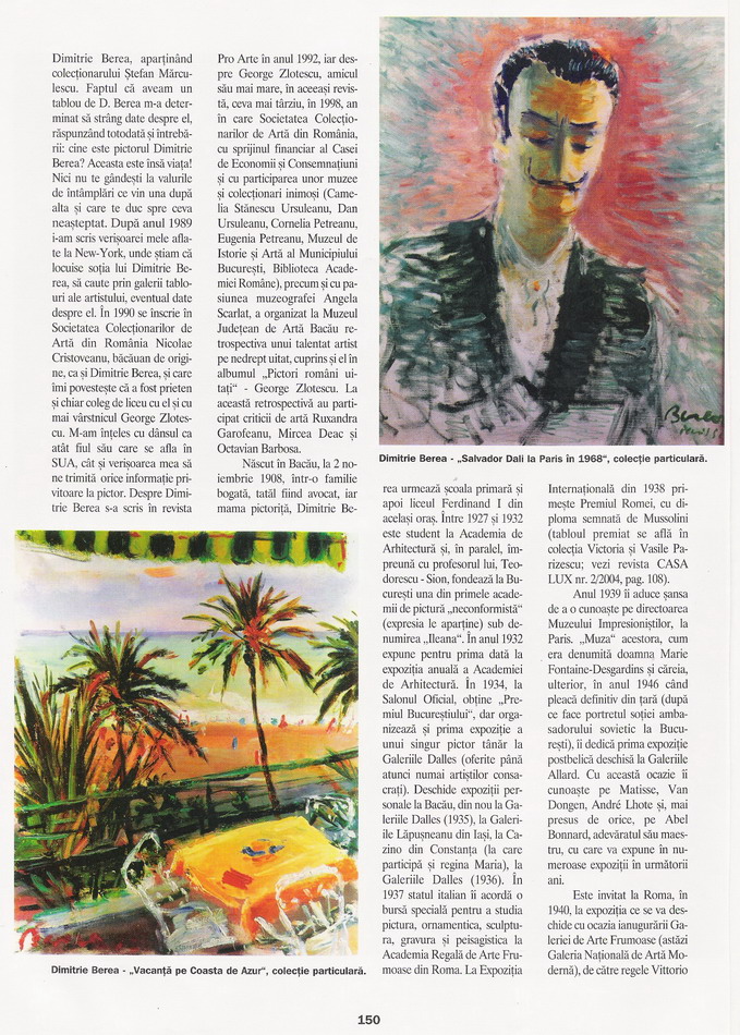 DIMITRIE BEREA - articol de Vasile Parizescu in revista CASA LUX pag. 150