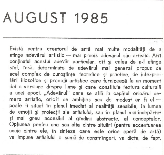 ANDREI DAMO - Articol de Alexandra Titu din Catalogul Expozitiei de la Galeriile de Arta ale Municipiului Bucuresti august 1985