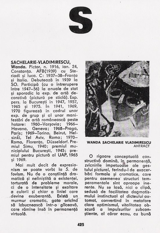 Wanda Sachelarie Vladimirescu in Dicționarul artiștilor plastici contemporani - Octavian Barbosa - Ed.Meridiane, 1979, -1