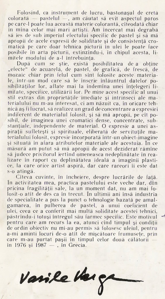 VASILE VARGA - confesiune in Catalogul expozitiei IMAGINI DIN GRECIA Pastel 1976