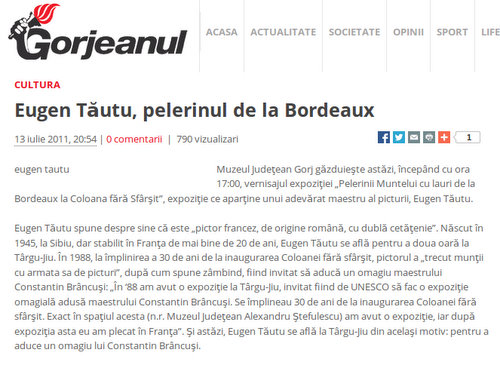 Eugen Tăutu, pelerinul de la Bordeaux (in „Gorjeanu” din 13 iulie 2011)