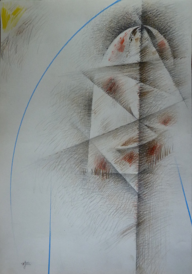 Aurel ACASANDREI - "Coloana de acoperis", creioane colorate pe carton subtire, 46x38,5 cm 5-1