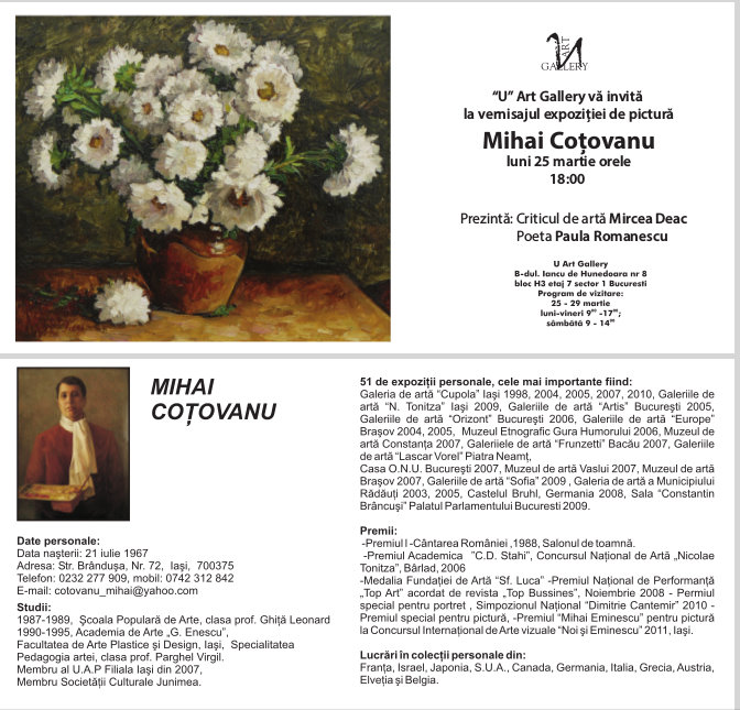 Invitatie expozitie Mihai COTOVANU la U Art Gallery 2013 