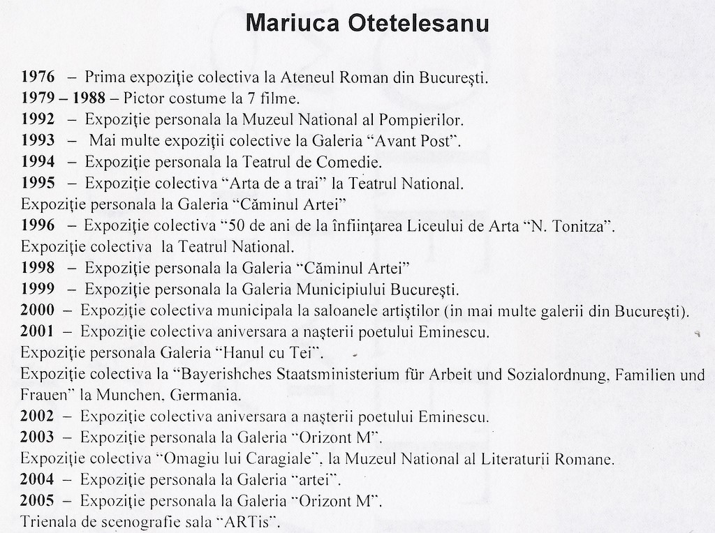 Mariuca Otetelesanu - CV in pliantul expozitiei de la Cercul Militar National Bucuresti 2014