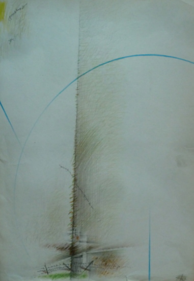 Aurel ACASANDREI - "Coloana de acoperis", creioane colorate pe carton, 50x35 cm 43-1